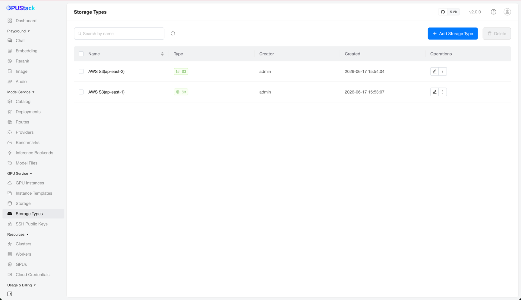 Screenshot: Storage Types list