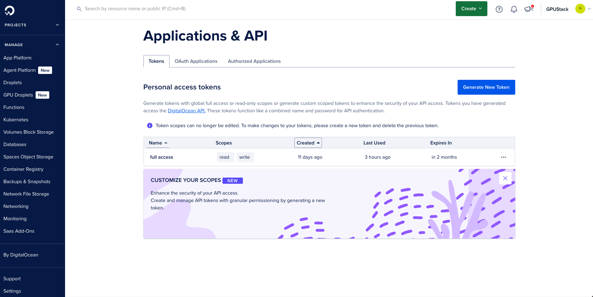 DigitalOcean の個人用アクセストークン
