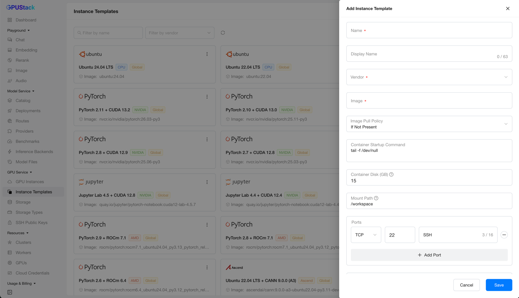 Screenshot: Add Instance Template form