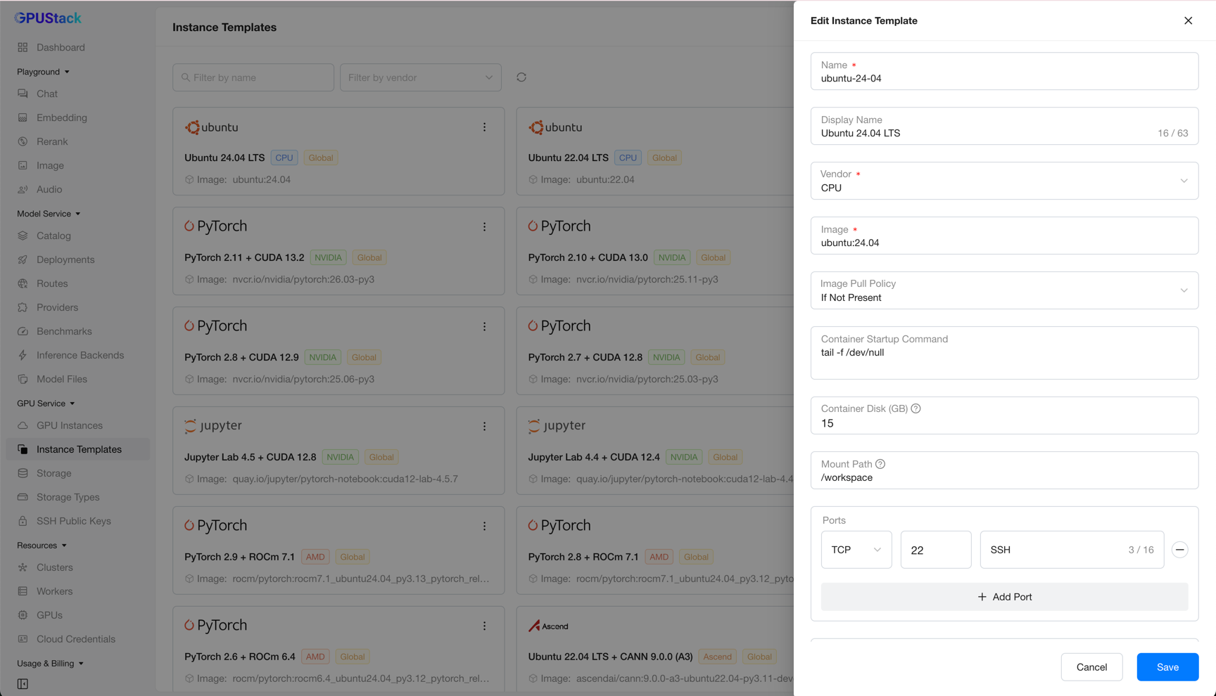 Screenshot: Edit Instance Template form