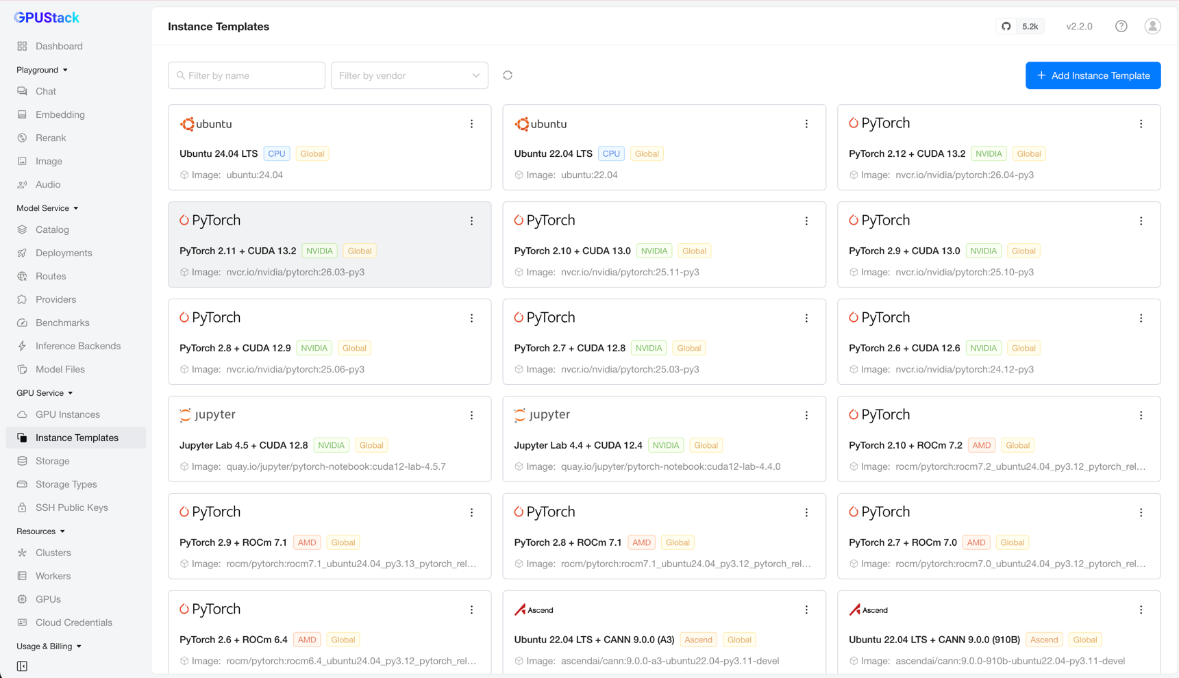 Screenshot: Instance Templates list
