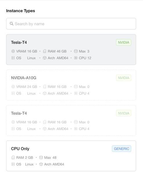 Screenshot: the excluded node's single-device Tesla T4 instance type shows Max 0 in the Add GPU Instance form