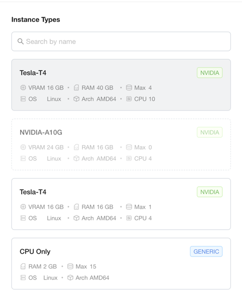 Screenshot: the reshaped Tesla T4 instance type now shows 10 CPU and 40 GB RAM per device