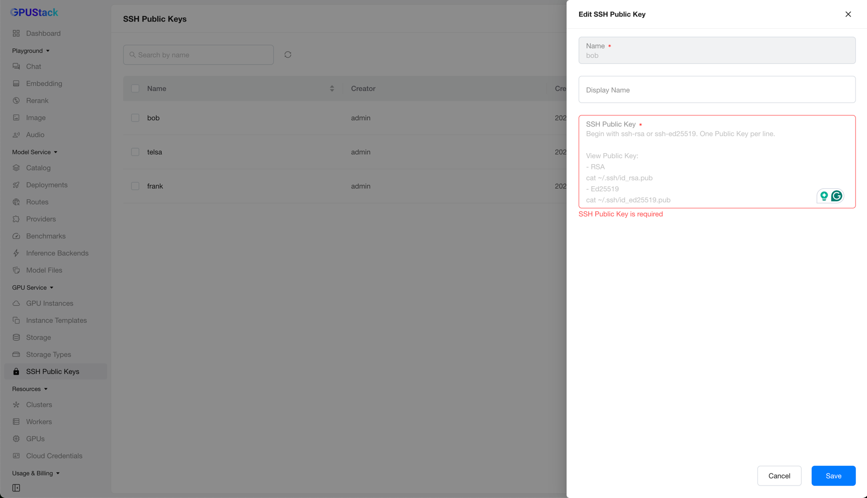 Screenshot: Edit SSH Public Key form