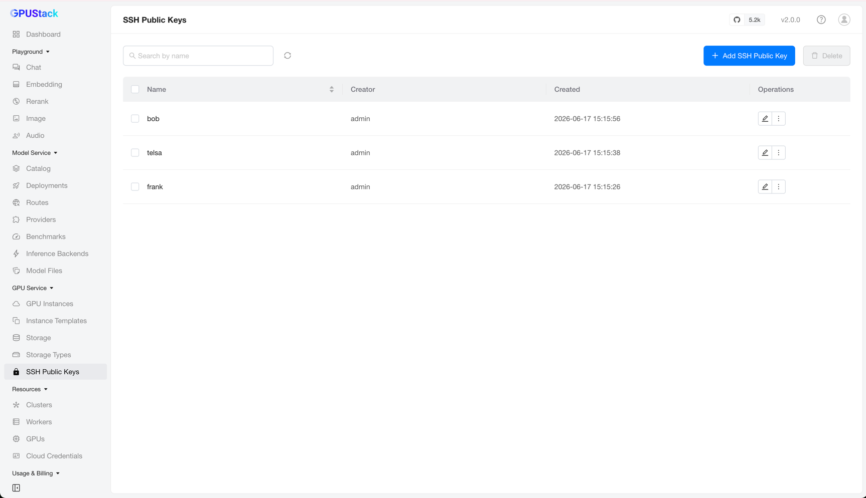 Screenshot: SSH Public Keys list