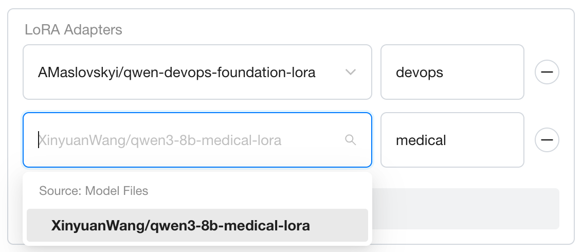 截图:部署表单的 LoRA Adapters 部分已添加两个适配器